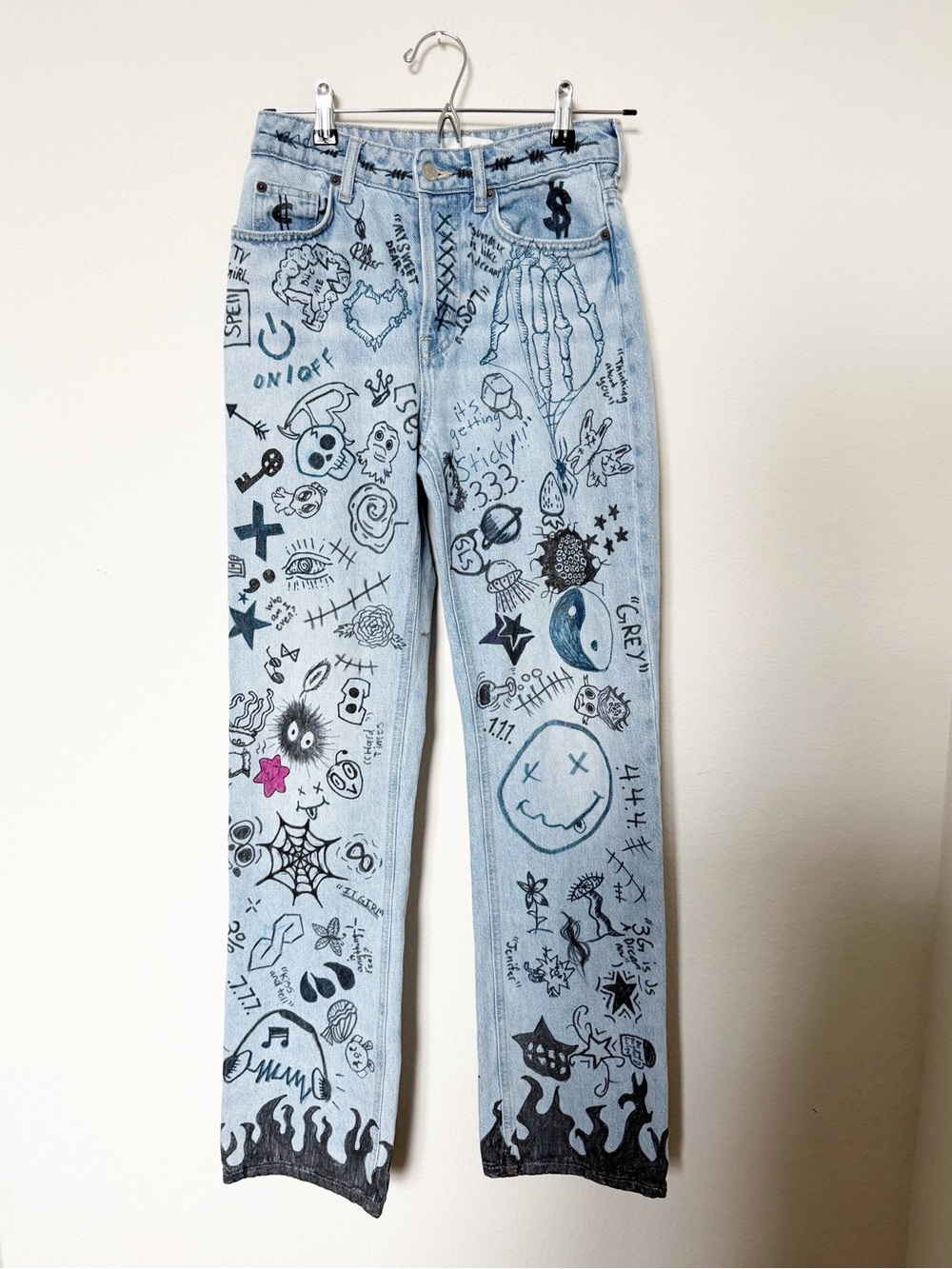 H&M Custom Hand Drawn Graffiti Jeans Y2K Punk Emo Art Denim Size 4